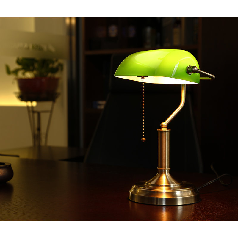 Vintage Glass Banker’s Reading Desk Lamp with Pull Chain and Adjustable Shade (Emerald Green)