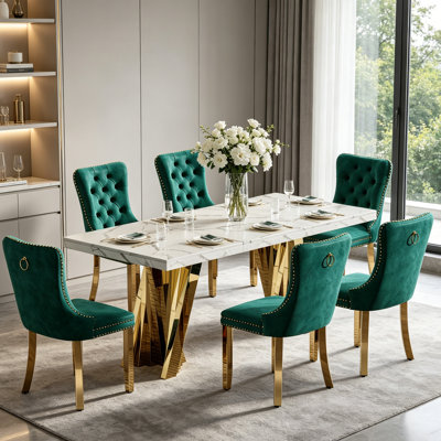 Modern Faux Marble Dining Table Set, Luxury 70.8" Dining Room Table with Velvet Upholstered Chairs, Luxurious Kitchen Table with Lightning Stainless Steel Pedestal, Rectangle Dining Table Set