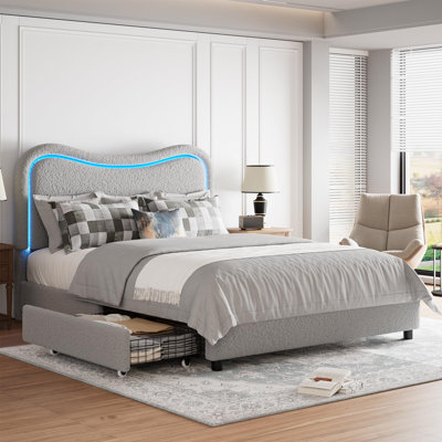 Structure de grand lit Boucle avec 2 tiroirs de rangement, lit plateforme tapissier avec tête de lit à DEL, support de lattes en bois massif, aucun sommier nécessaire pour les enfants