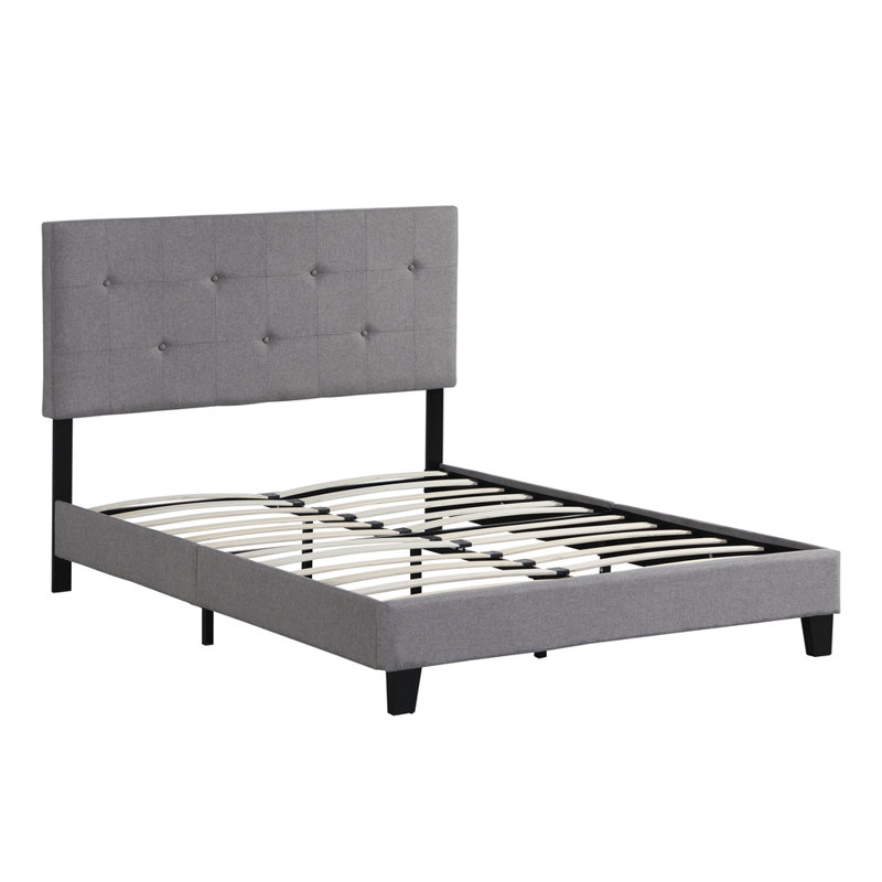 Lit plateforme tapissier avec tête de lit capitonnée en lin, aucun sommier tapissier, bois, Grand, Gris foncé