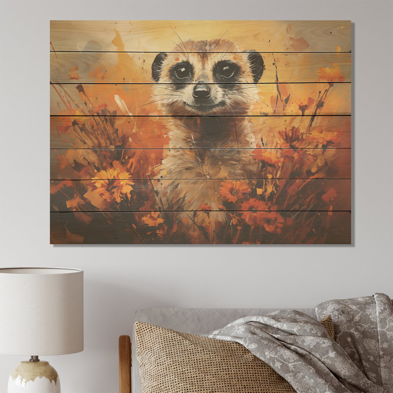 Suricate brun, prairie florale III - impression de suricate sur bois, H 24 po x l 32 po x P 0,78 po