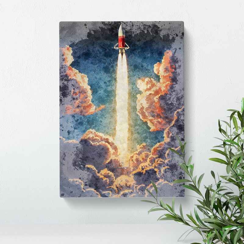 Watercolour Spaceship Rocket No.3 - Wrapped Canvas, 76cm H x 50cm W x 3cm D