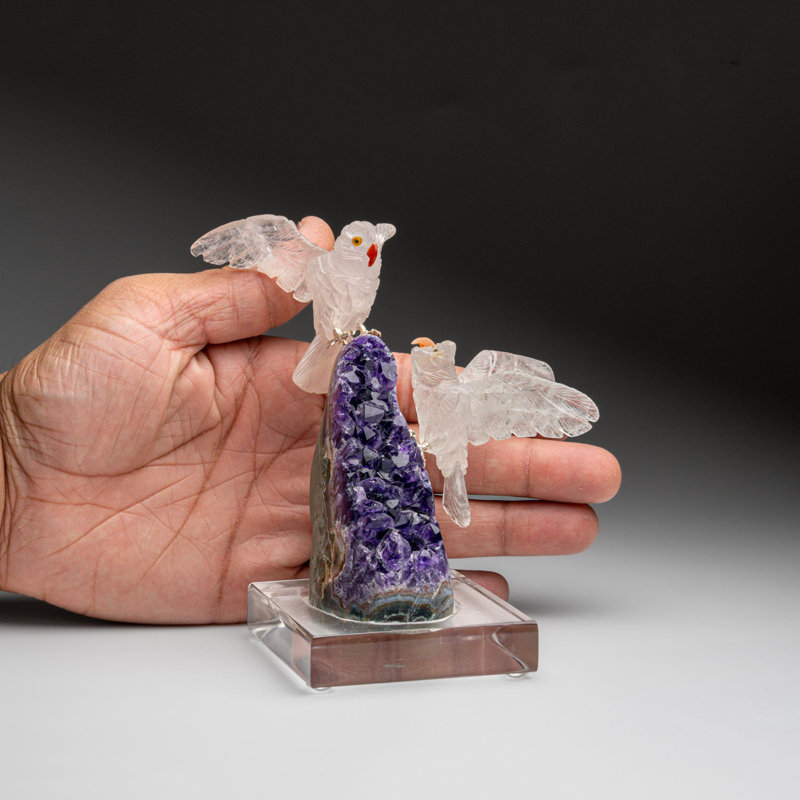 Genuine Polished Hand Carved Owls On A Amethyst Geode (5"H)