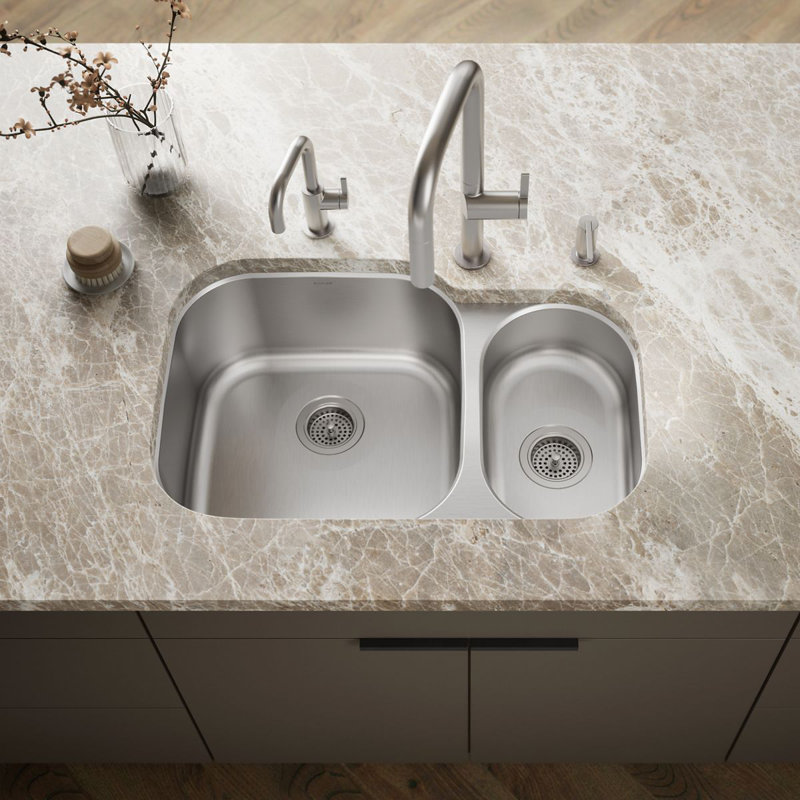 Undertone 31" L x 20-1/8" W x 9-1/2" Under-Mount Double-Bowl Kitchen Sink, Large/Small Double-Bowl