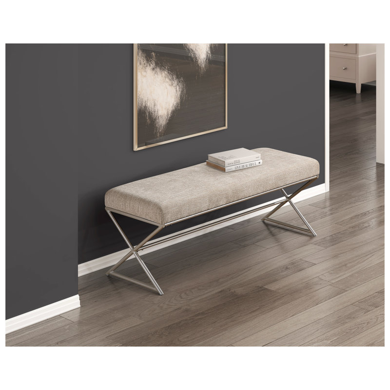 Banc de hall d'entrée contemporain rembourré avec assise en chenille taupe et structure en métal champagne