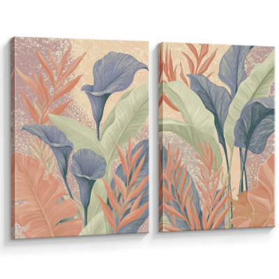 «Peach Blue Tropical Leaf Botanical Art», photos de salon, impression sur toile encadrée, 2 pièces