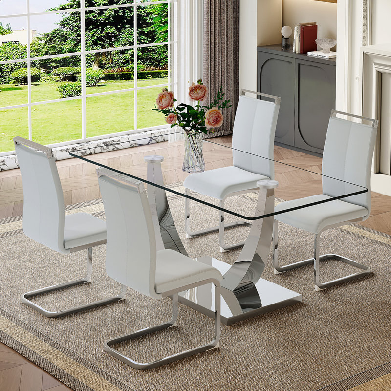 Nhieu 4 - Person Pedestal Dining Set, Light Gray, Silver