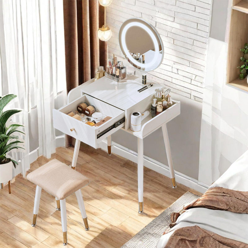 Ridaa Small Makeup Vanity Table Set with 3 Modes Brightness Adjustable Lighted Mirror, Compact Vanity Desk with Charging Station & Cushioned Stool, Dressing Table for Bedroom Apartment with Storage Drawer, for Kid Gift