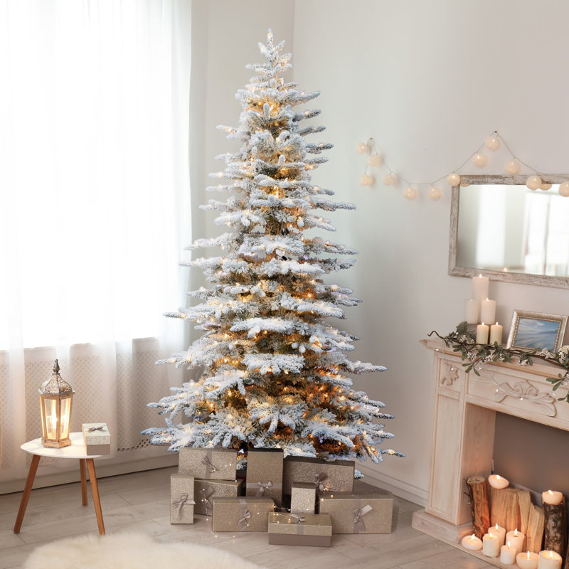 Fraser Hill Farm 9 ft. Pine Valley Flocked Artificial Prelit Christmas Tree with White Incandescent Smart Lights, 9 ft.
