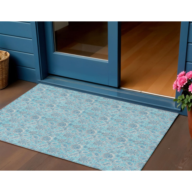 3' X 5' Aqua Blue And Silver Floral Washable Indoor Outdoor Area Rug