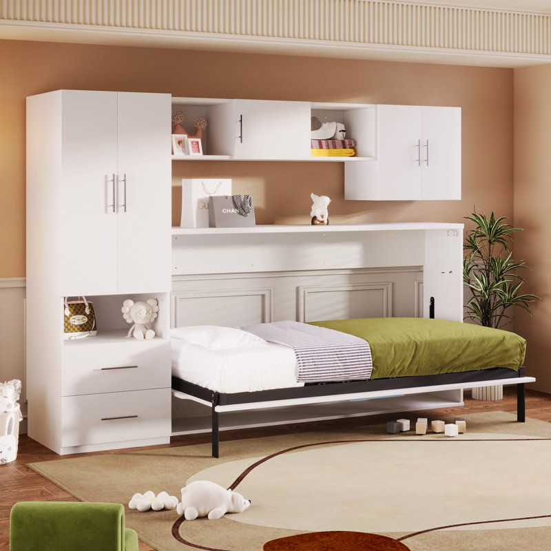 Farino Size Murphy Bed with Open Shelves and Storage Drawers, Twin, White