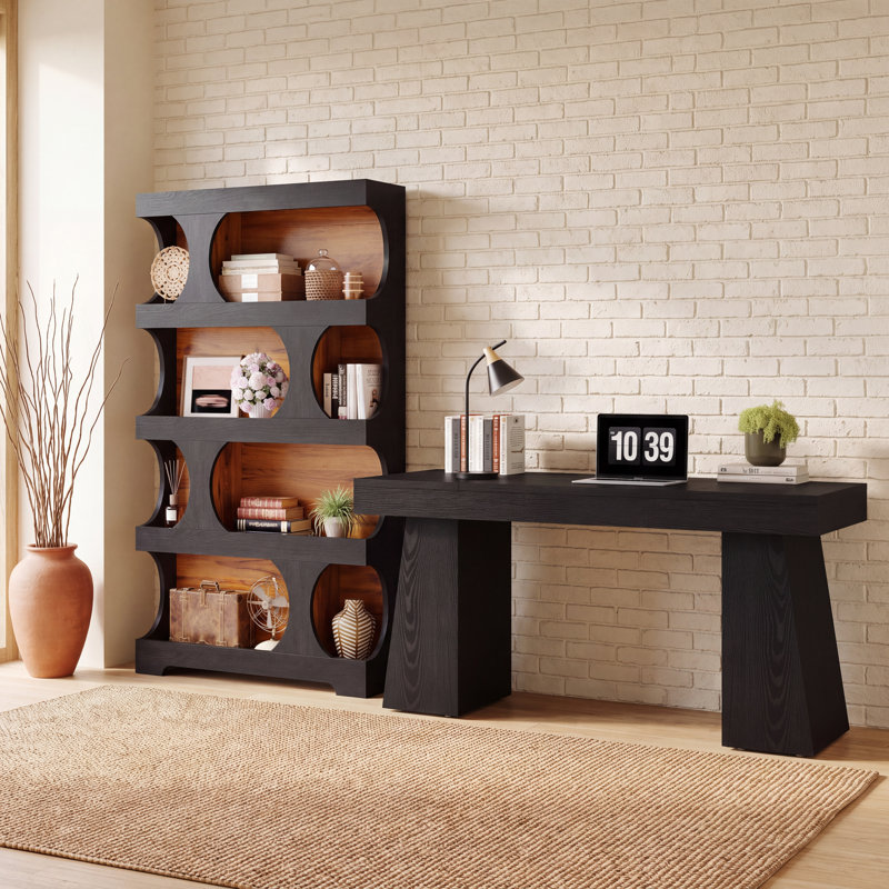Ensemble de bureau 2 pièces, bureau de direction moderne 55 po et grande bibliothèque à 4 niveaux, Black