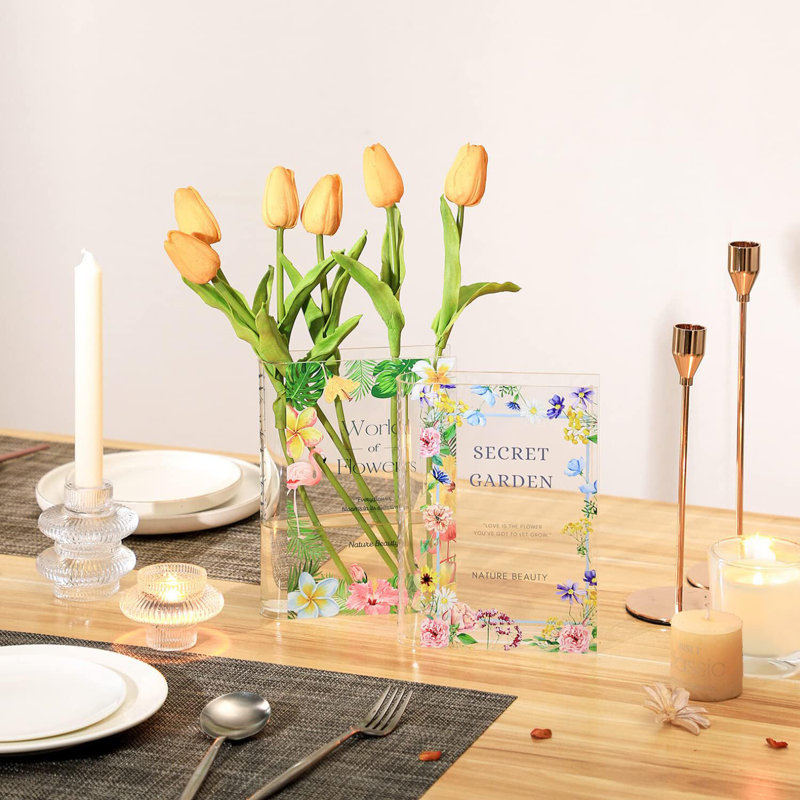 Set Of 2 Modern Decorative Acrylic Clear Book Shaped Vase