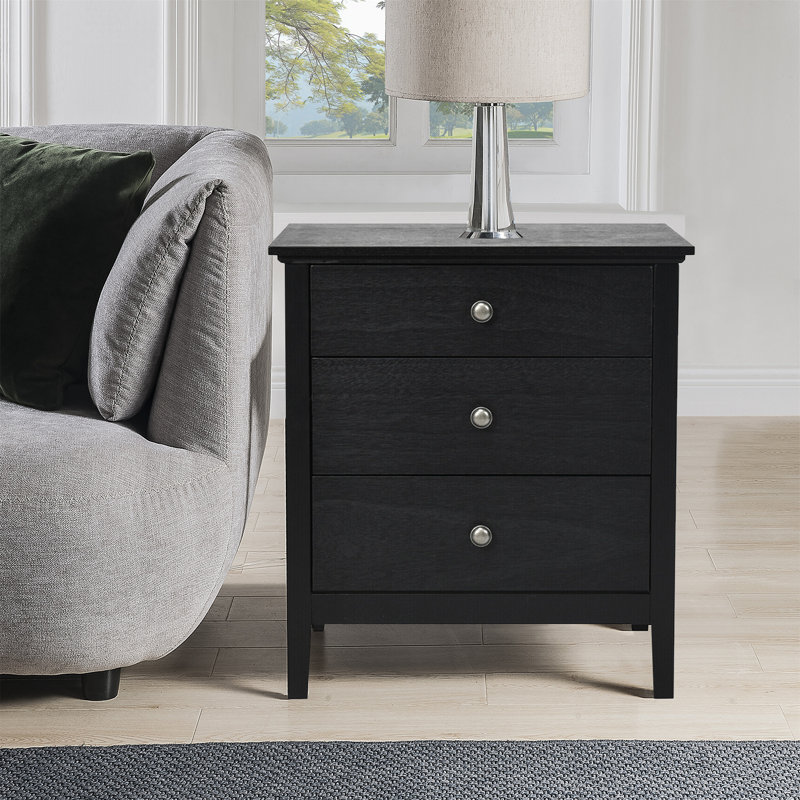 Abdülsamet Modern Wooden Nightstand with 3 Drawers, Black