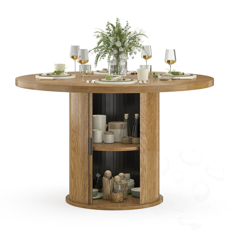 Round Dining Table With Cabinet, Walnut