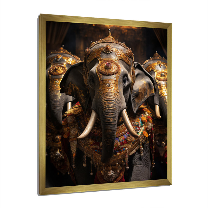 Art asiatique, éléphants thaïlandais sur toile, Encadrement doré, H 44 po x l 34 po x P 1,5 po