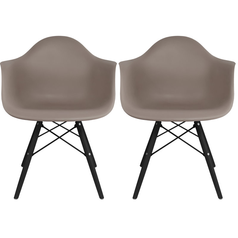 Set of 2 Mid Century Modern Dining Arm Chair with Wooden Dowel Legs, Taupe/Black