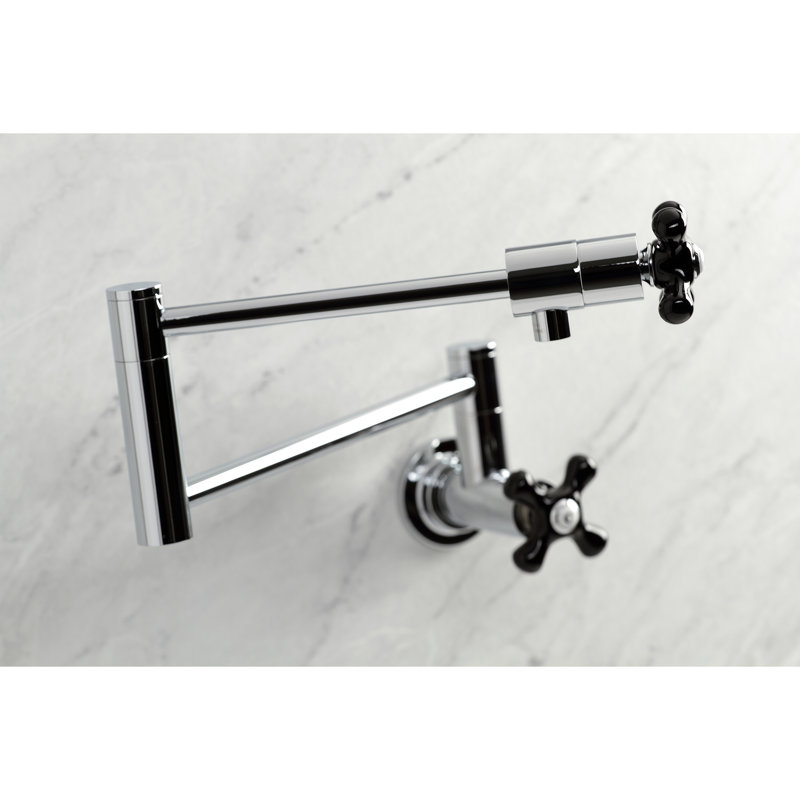 Kingston Brass Manhattan Two-Handle 1-Hole Wall Mount Pot Filler Faucet, Polished Chrome/Black, Cross