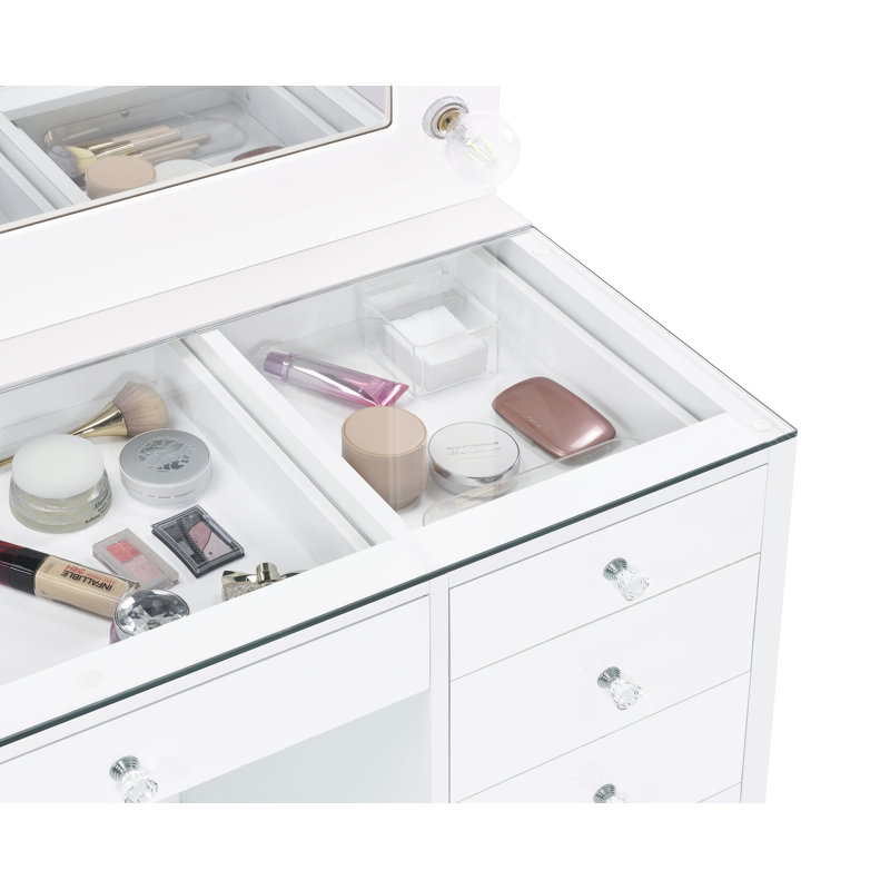 Luxury Build - Witte 7-Drawer Vanity Set With Lighting Black High Gloss, White