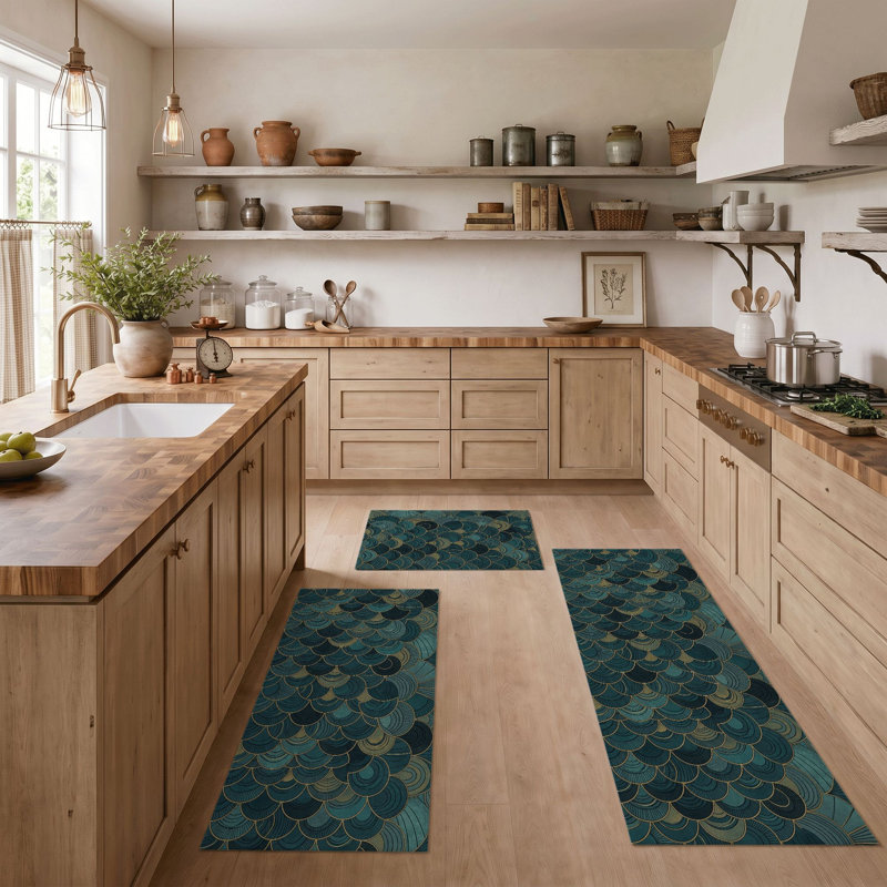 Teal Scale Non-Slip Washable Kitchen Mats