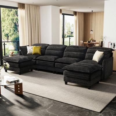 Canapé modulaire en forme de U à 6 places, canapé ergonomique Cloud avec revêtement profond en velours côtelé, canapé confortable moderne pour grand salon, canapé convertible, noir