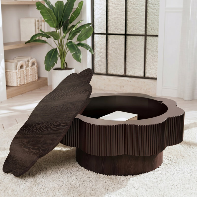 Table basse 31,5 "moderne en forme de fleur avec rangement, placage en bois naturel, texture cannelée, pour salon, appartement, bureau