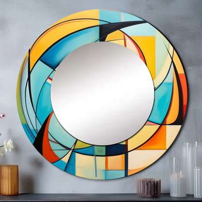 «Colorful 0 Mid Century Abstract Essence I», miroir décoratif moderne de style Mid-Century, miroir mural rond de style Mid-Century, impression d'art en métal