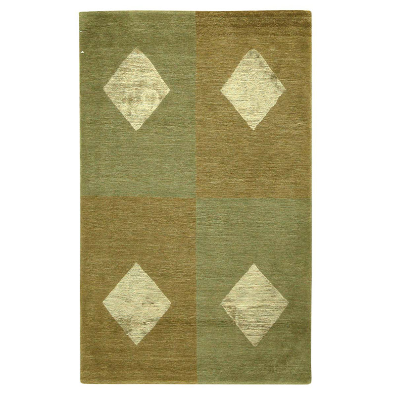 Tapis géométrique en laine noué à la main vert / brun