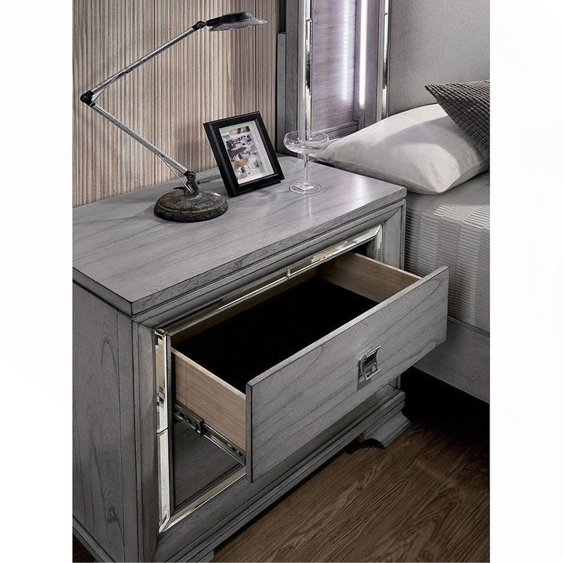 Table de chevet 2 tiroirs en bois avec bordure miroir, gris clair