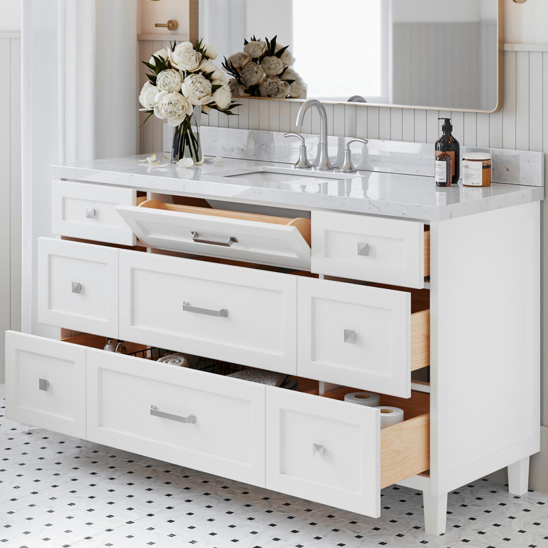 Meuble-lavabo simple 60 po ARIEL Monroe, Blanc, Carrara White Quartz, 60" - 61"