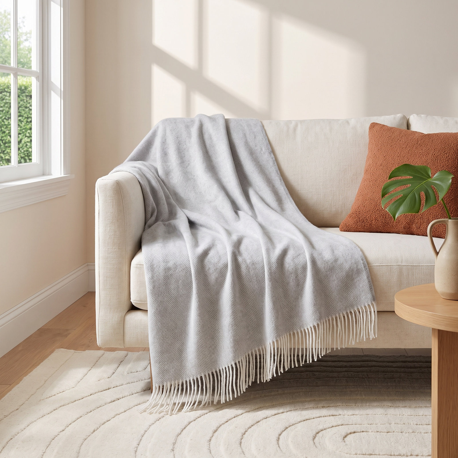 FINHO Merino Wool Herringbone Throw Blanket, Light Gray