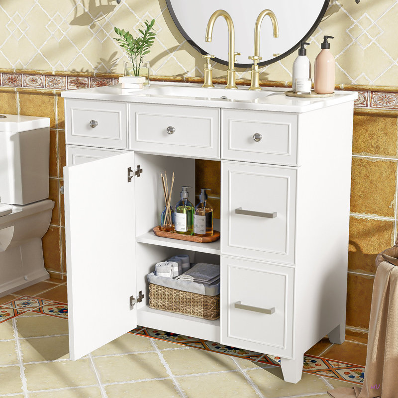 Meuble-lavabo 36 po avec lavabo en céramique, structure en bois massif, portes à fermeture en douceur, tablettes réglables, 3 tiroirs, y compris un tiroir à double profondeur pour le rangement du sèche-cheveux
