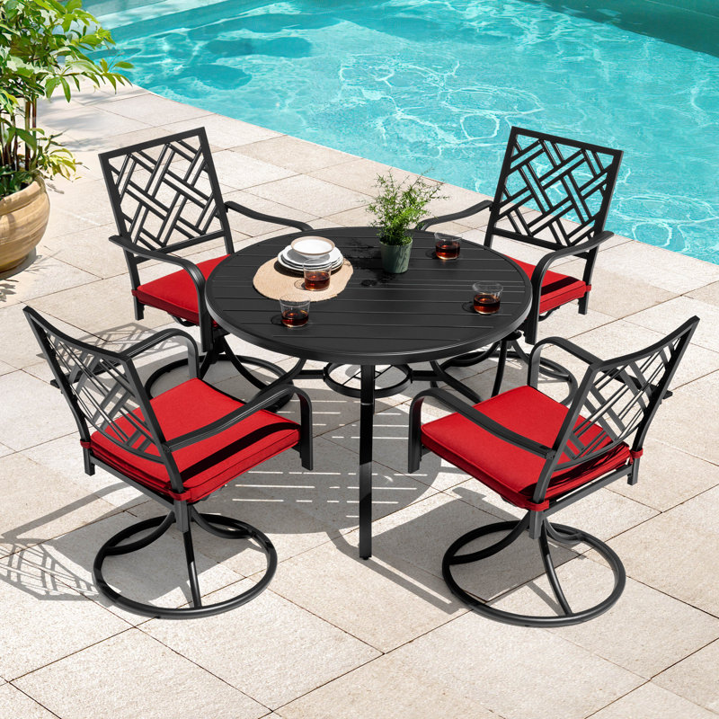 5-piece Metal Patio Dining Set With Umbrella Hole And Swivel Chairs