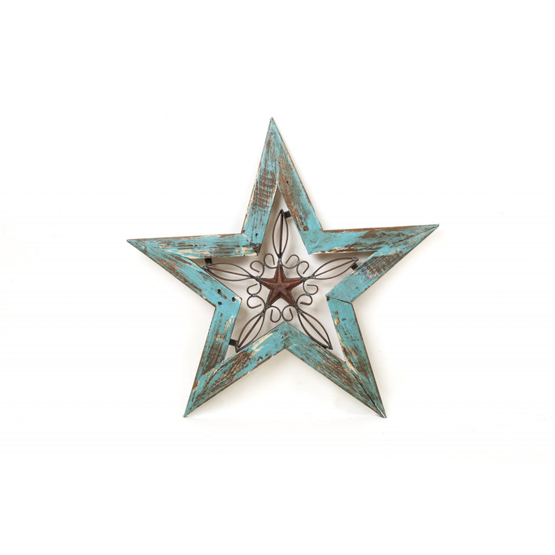 Sculpture dimensionnelle suspendue 20 po x 20 po turquoise et brun en bois et étoile de fer