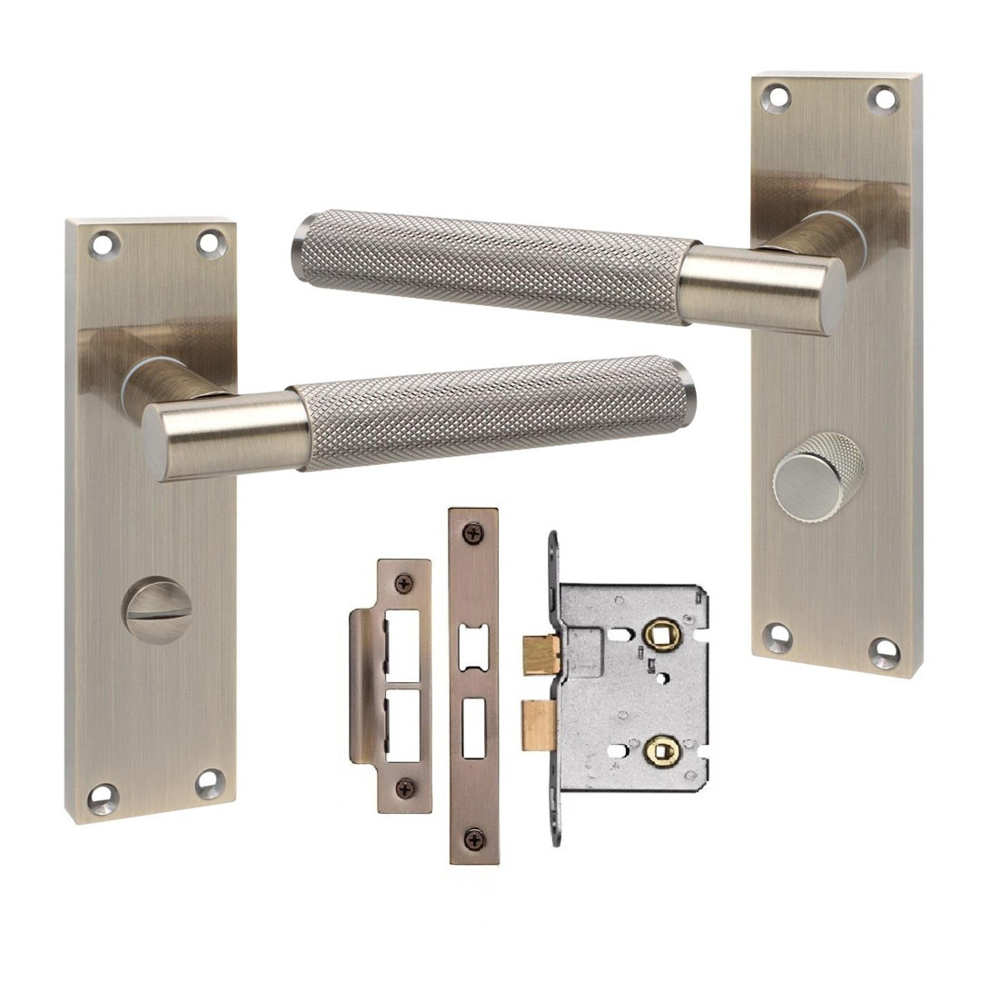 Golden Grace Victorian T-Bar Knurled Design Bathroom Lock Door Handle Set Antique Brushed Brass Finish with Mortise Lock