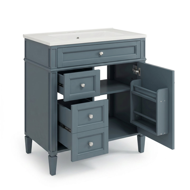 Meuble-lavabo bleu 30 po avec lavabo supérieur, meuble-lavabo moderne simple à 2 tiroirs et tiroir basculant, Bleu fumé, 30"