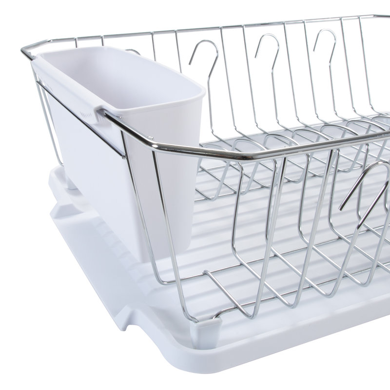 Chrome Foldable Dish Rack with Utensil Cup in White