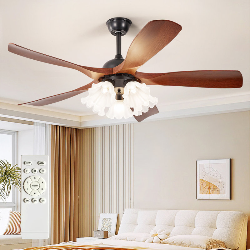Ventilateur de plafond moderne à 5 pales de 46 po en noyer avec lumière 5 * E26 (sans ampoule), abat-jour floral, télécommande, 6 vitesses, flux d'air réversible, réglable en hauteur pour le salon de la chambre à coucher
