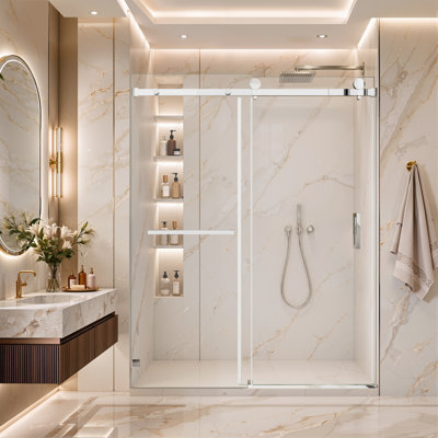 Porte de douche coulissante simple de 46 po à 49 po x H 76 po KAVRTON, porte de douche sans cadre en chrome, verre trempé clair certifié par la SGCC de 3/8 po (10 mm) avec barre à serviettes