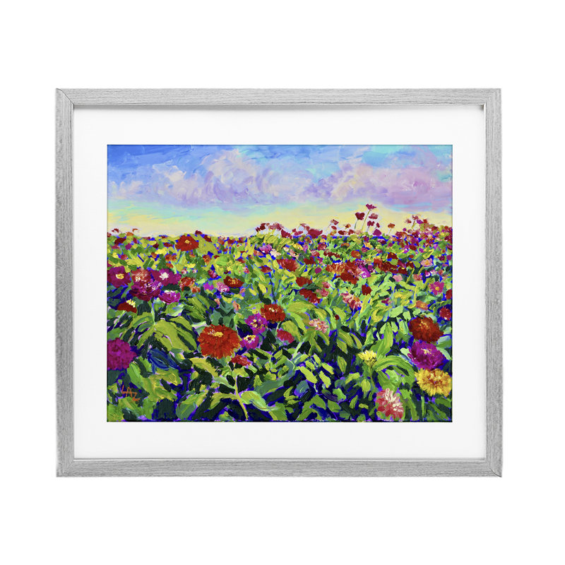 «Hot Summer Blooms», reproduction sous verre encadrée, conception par Lee Ann Zirbes, H 13 po x l 16 po, Cadre de ferme gris