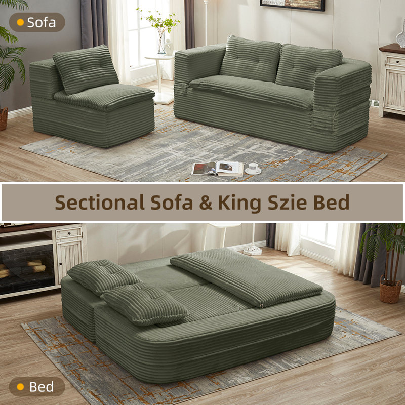 80" Compressed Foam Sleeper Sofa Bed, Corduroy Foldable Couch Bed, Convertible Living Room Set — No Assembly Required, Green