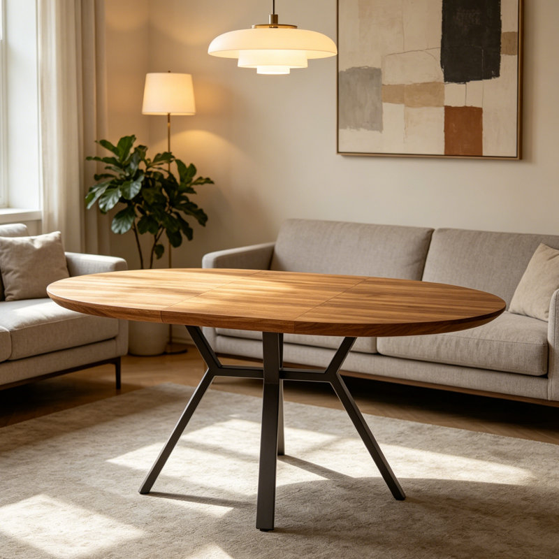 43.2"-59.1" Round Dining Table, Mid-century Round Kitchen Table For 4-6 Person, Modern Leisure Coffee Table, Brown