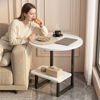 Table d'appoint ronde, table de chevet à 2 niveaux imitation marbre avec tablette de rangement, structure en métal noir, idéale pour le salon ou la chambre, plateau de 40 cm, hauteur de 56 cm, montage facile