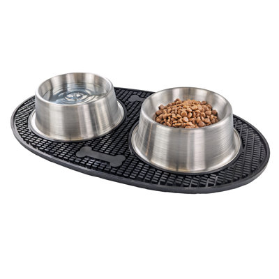 Set of metal dog bowls with splash mat