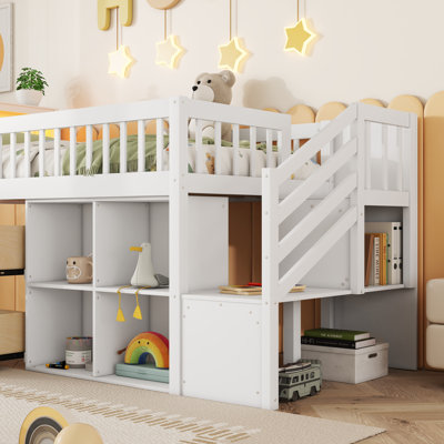 Lit mezzanine avec DEL et bibliothèque, lit mezzanine bas en bois avec escalier, lit mezzanine pour enfants avec tiroirs et tablettes de rangement