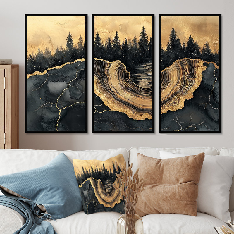 Forêt forêt de cristal onyx noir V - art mural forêt - ensemble de 3, H 28 po x l 36 po, Noir