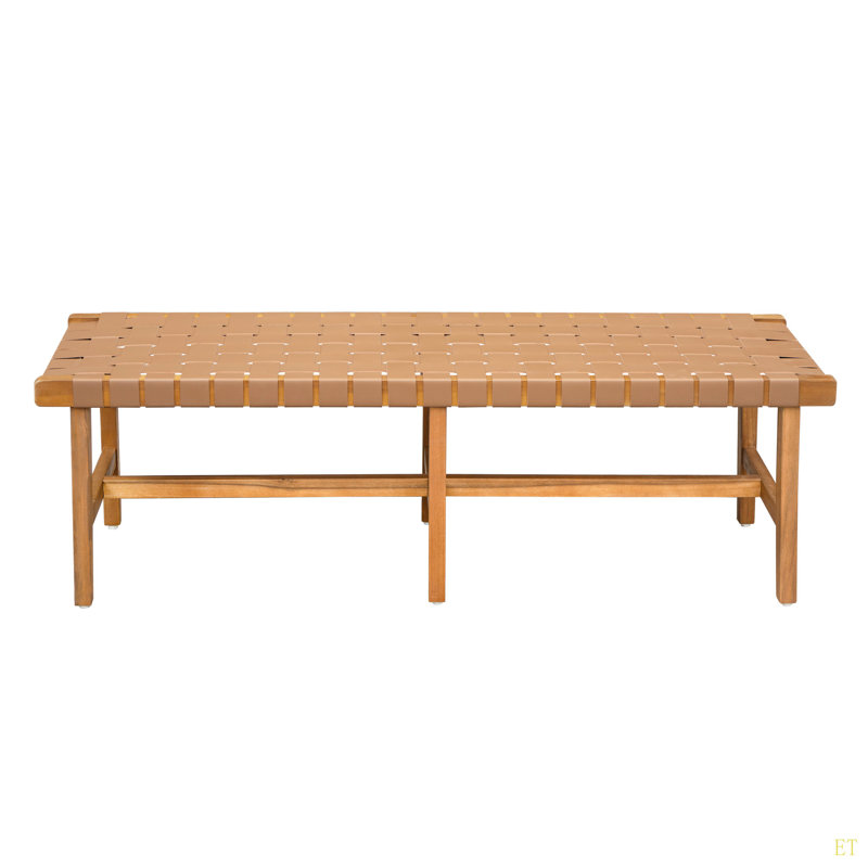 Stylish Acacia Wood Bedroom Bench With Woven PU Leather Seat