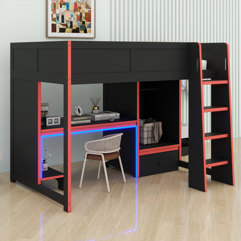 Lit mezzanine avec bureau intégré Gaming, Lit double