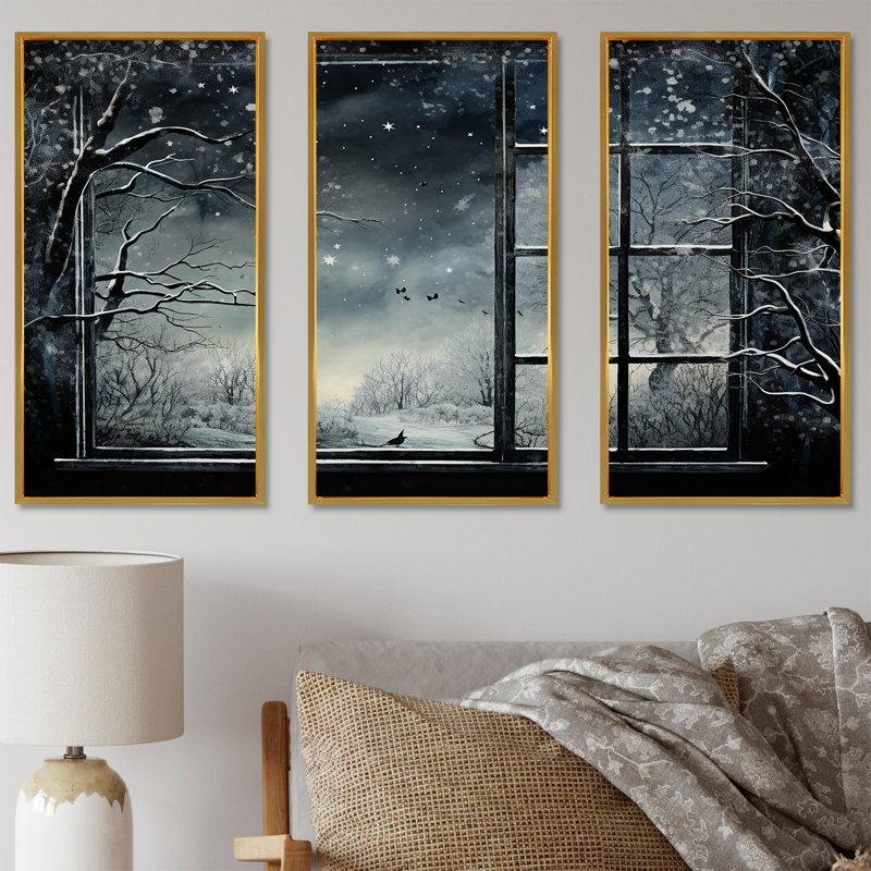 «Midnight Gothic Winter Window View II - Winter Landscape», art mural, Cadre flottant doré, H 40 po x l 61 po x P 1 po
