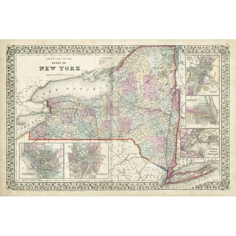 Johnson's Map Of New York by Johnson - Wrapped Canvas Print, 30cm H x 46cm W